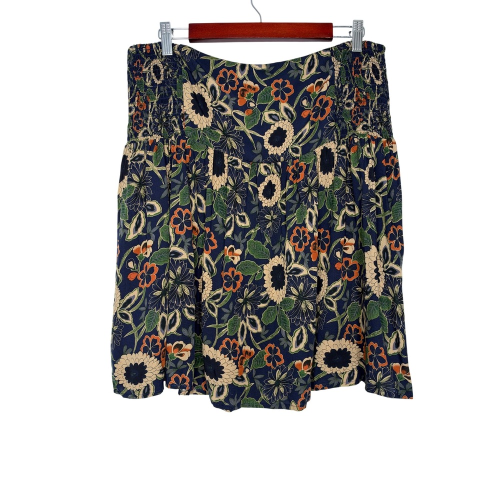 Natural Life Smocked Waist Skirt Size XL Navy Blue Floral Rayon Mini Boho Beach
